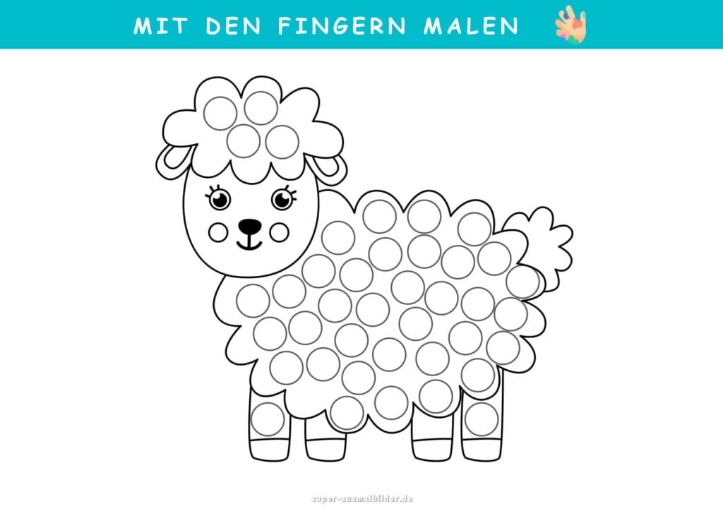 Mit den Fingern malen Schaf mit Punkten, süße Malvorlage zur Förderung der Motorik, gratis Fingerfarben Bild