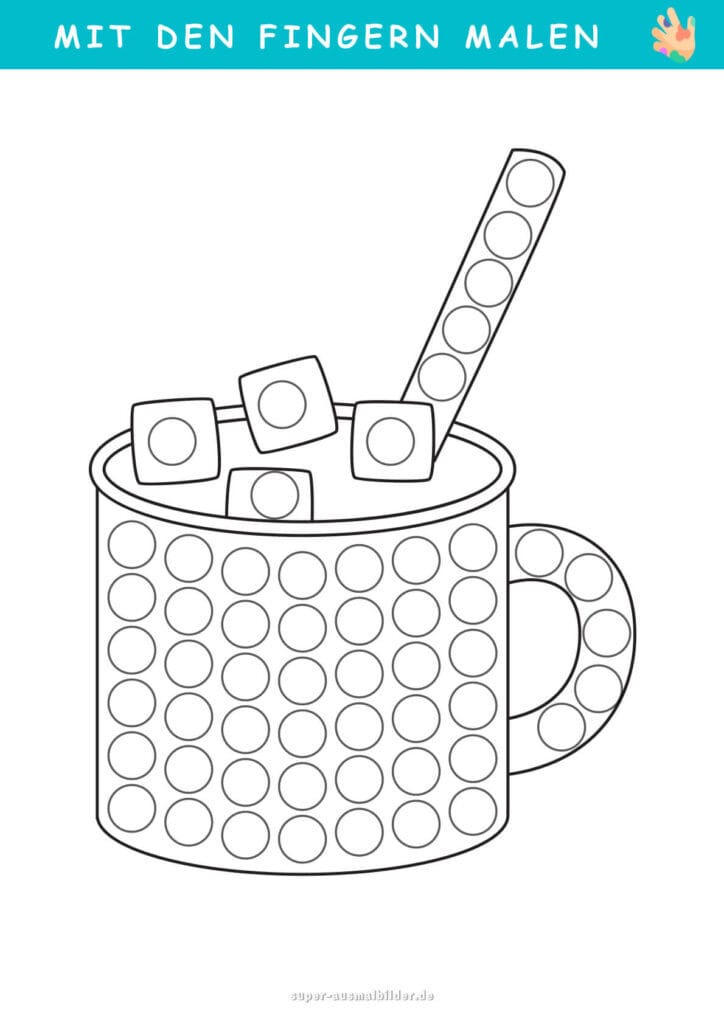 Mit den Fingern malen Tasse mit Punkten, lustige Malvorlage mit Marshmallows und Strohhalm, ideale Fingerfarben Übung, kostenlos