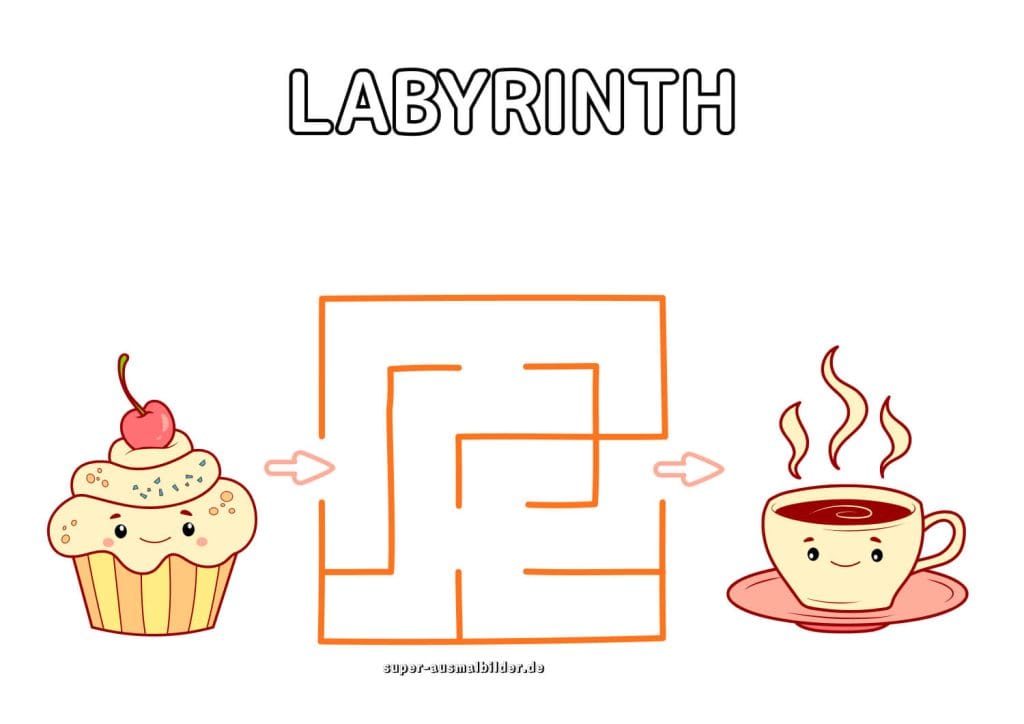Muffin und Tee Labyrinth süßes Frühstückslabyrinth für Kinder zum Drucken