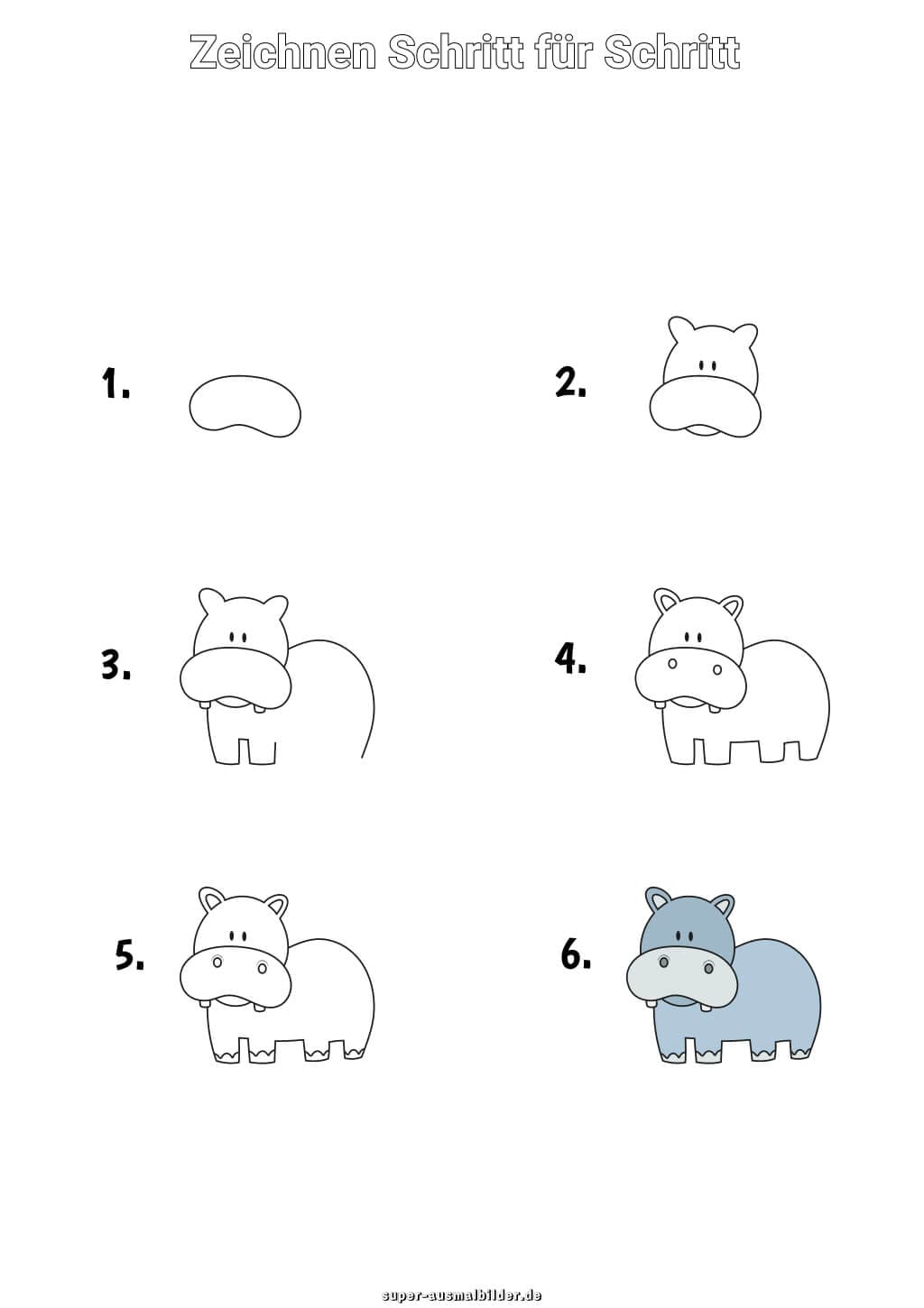 Nilpferd zeichnen Schritt für Schritt – einfache Anleitung für Kinder mit süßem grauem Flusspferd