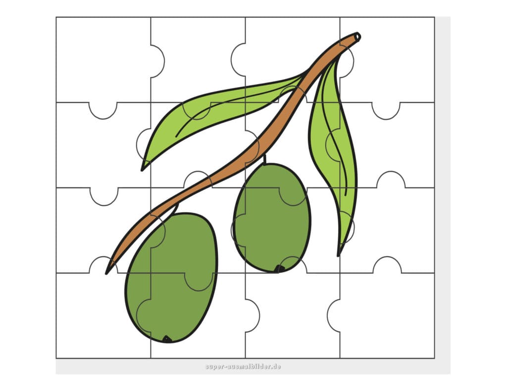 Olivenzweig Puzzle Lernpuzzle mit Früchten zum Ausschneiden und kostenlosen Download