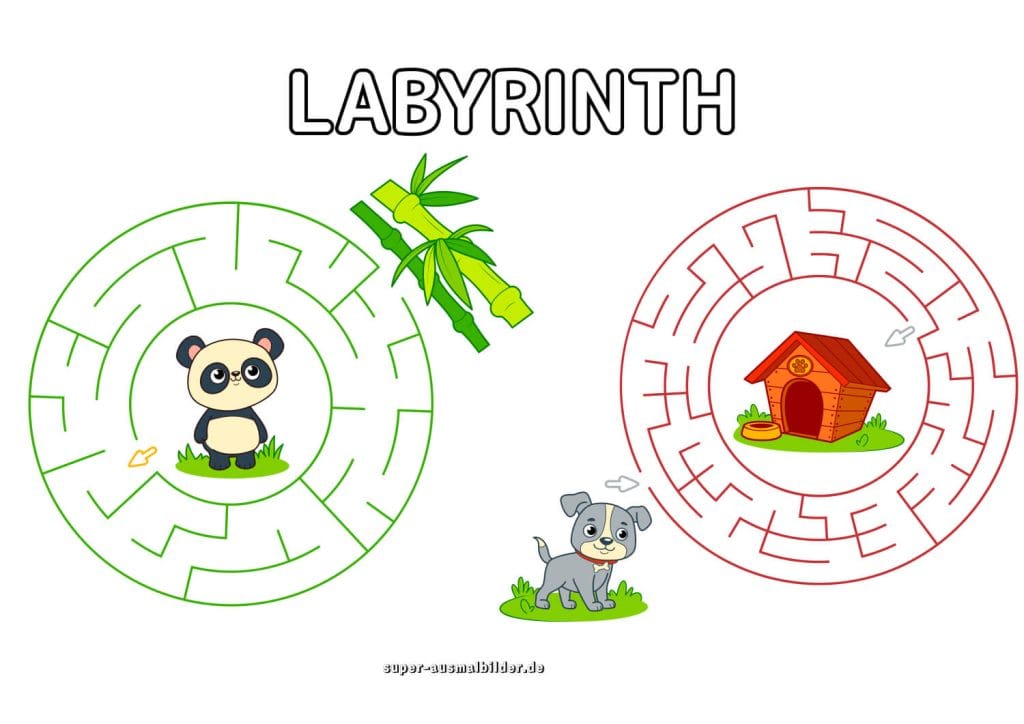 Panda und Hund Labyrinth runde Tierlabyrinthe für Kinder im Kindergarten kostenlos drucken