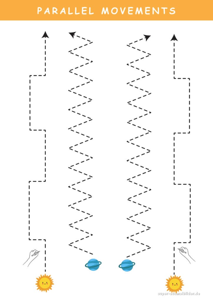 Parallel Movements Zickzacklinien und Planetenpfade, Schreibübung mit Weltraum Motiven, gratis PDF