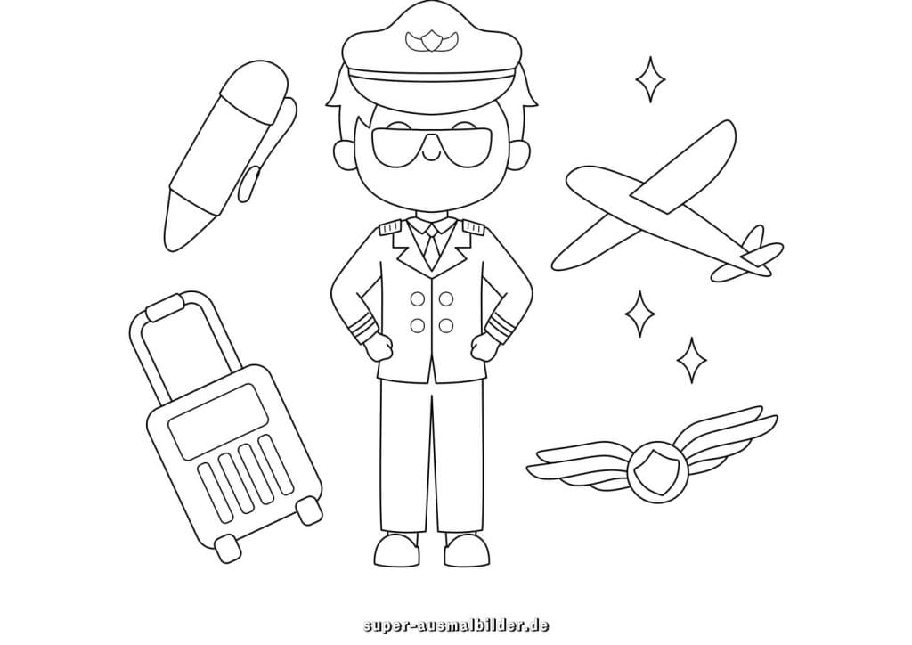 Pilot Malvorlage Flugzeugkapitän mit Koffer und Flugzeug, gratis Ausmalbilder für Kinder