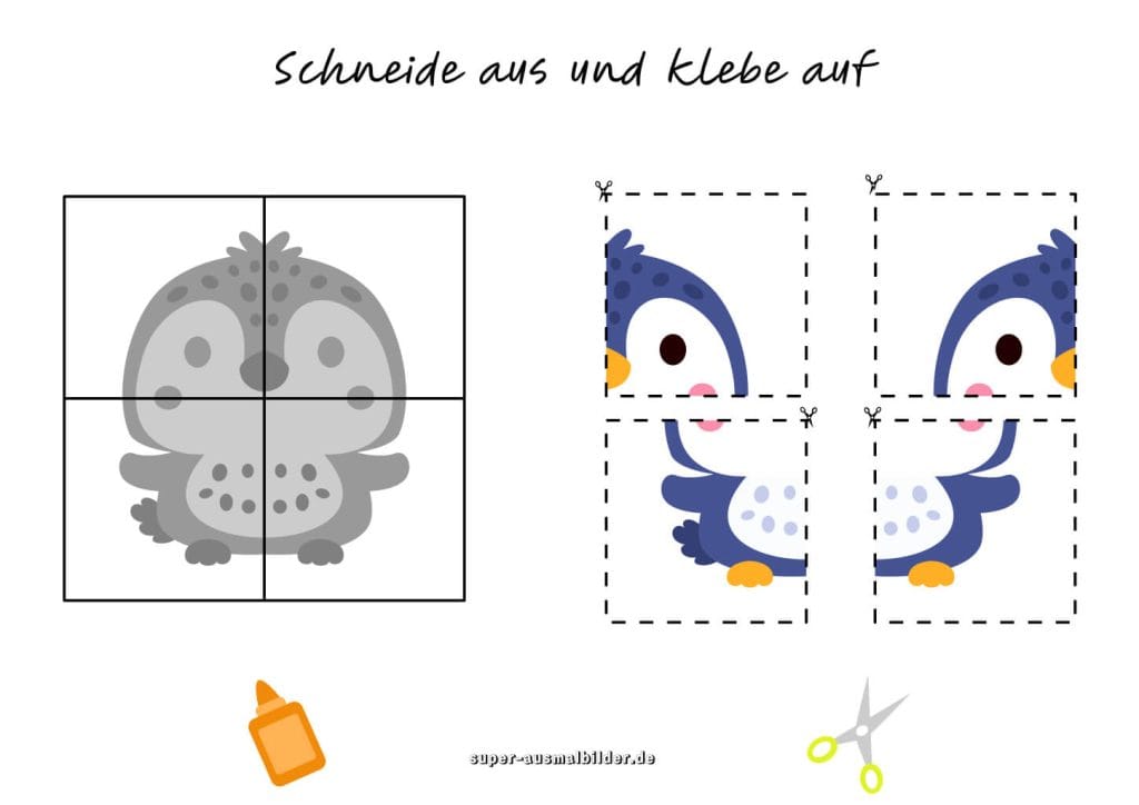 Pinguin Ausschneideaufgabe Süßes Tier basteln und aufkleben, kostenlose Vorlage für Vorschule und Kindergarten