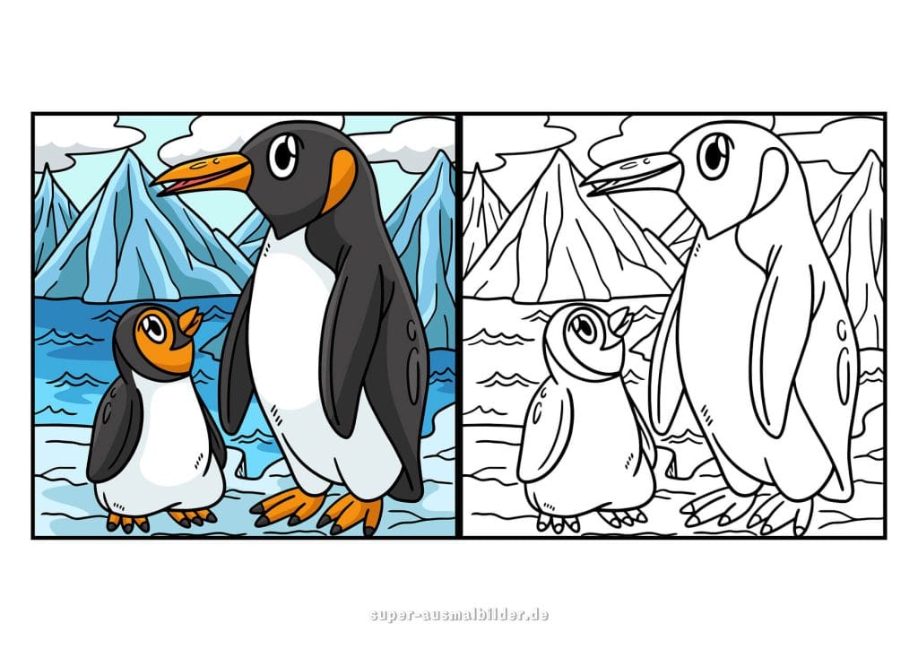 Pinguin Familie – Ausmalbild mit großen und kleinen Pinguinen in der Antarktis, Lernvorlage für Kinder