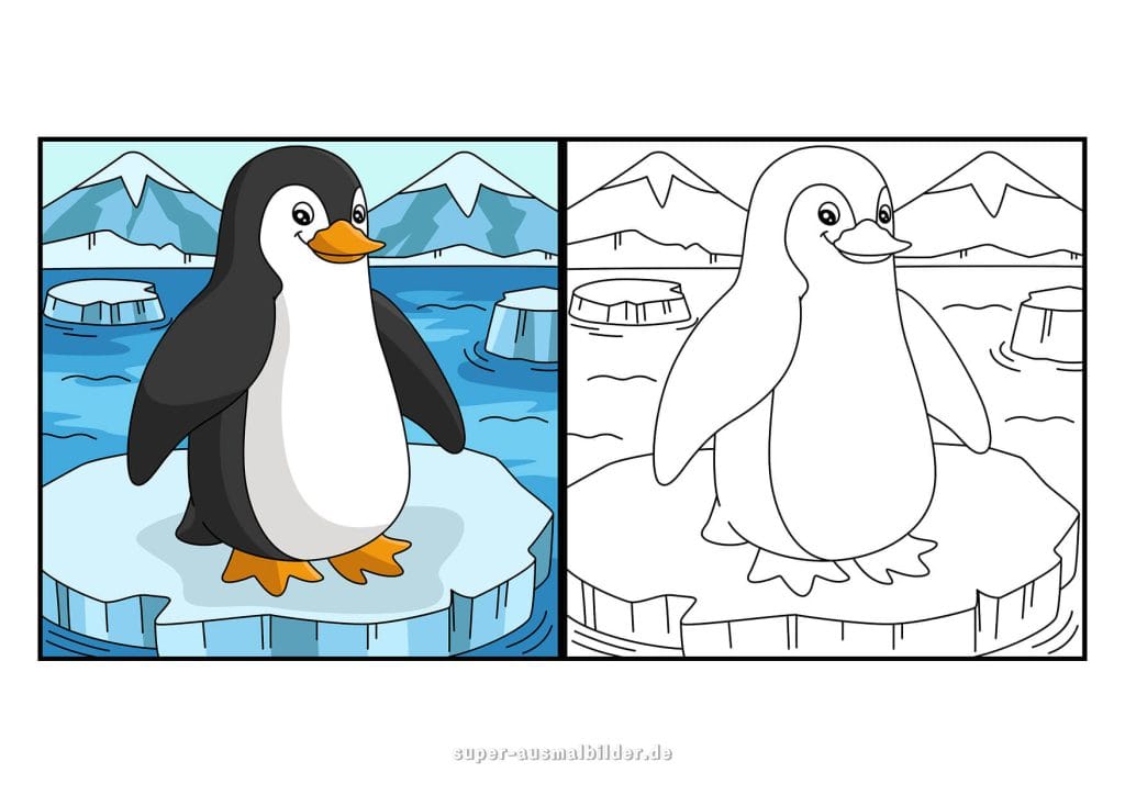 Pinguin auf Eisscholle – Malvorlage mit Meer und Eisbergen zum kostenlosen Ausmalen für Kinder