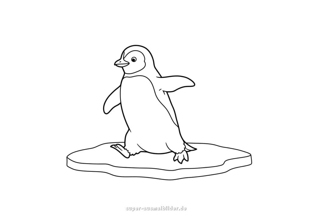 Pinguin auf Eisscholle – einfache Ausmalvorlage für kleine Kinder zum Ausdrucken und spielerischen Lernen