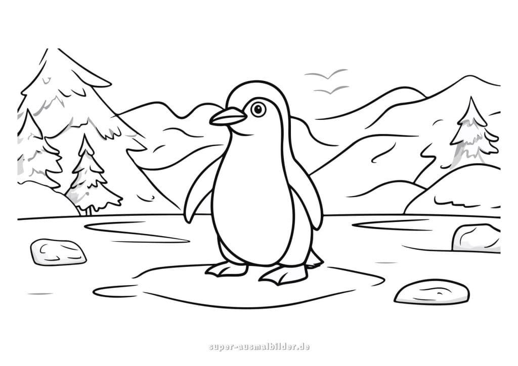 Pinguin im Winterwald – Malvorlage mit Bergen, Bäumen und gefrorenem See, perfekt für kalte Tage