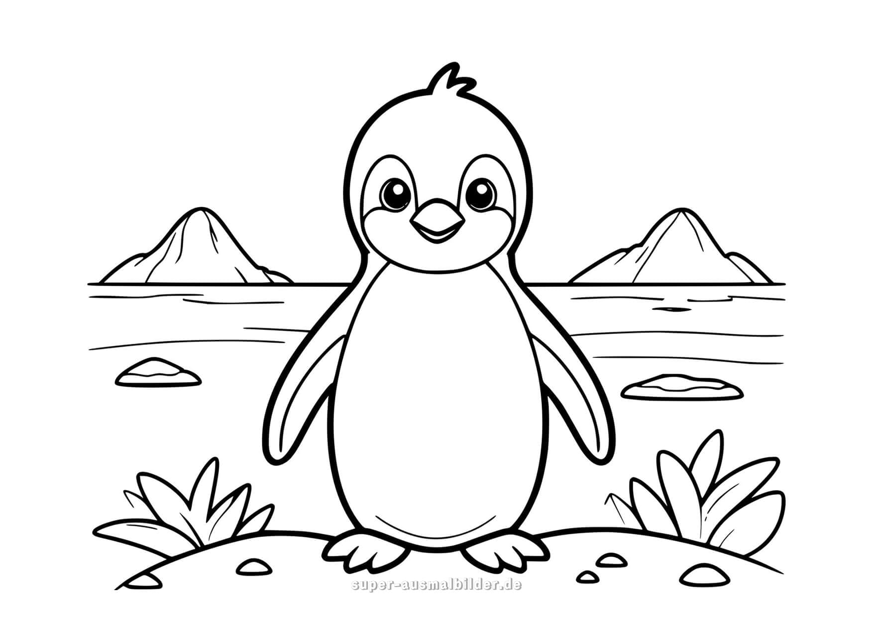 Pinguin in der Antarktis – niedliche Ausmalvorlage mit Bergen und Meer im Hintergrund, ideal für Kinder zum Ausdrucken