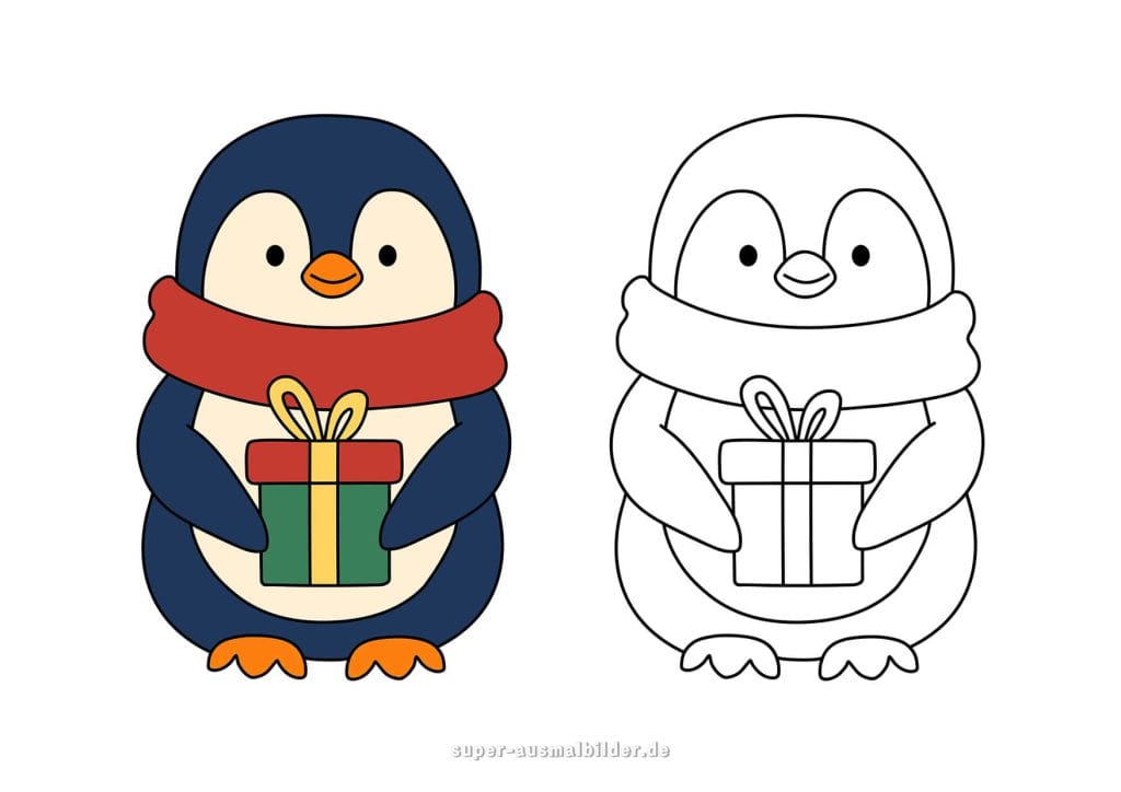 Pinguin mit Geschenk – weihnachtliche Malvorlage mit Schal, Geschenkbox und freundlichem Gesicht zum Ausdrucken