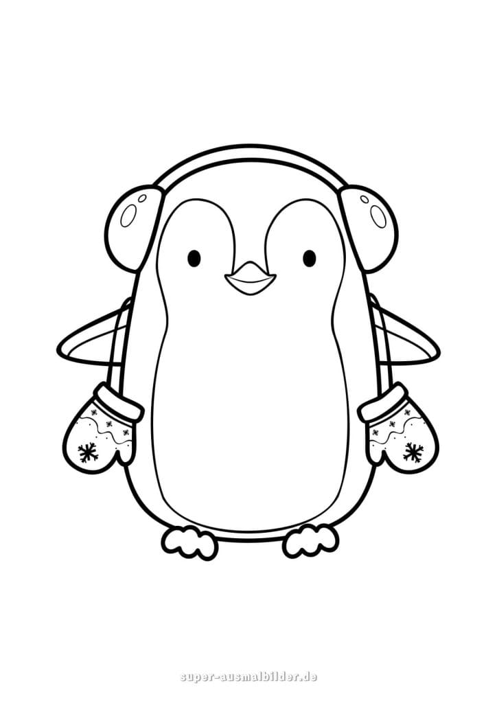 Pinguin mit Ohrenschützern – niedliche Winter Ausmalvorlage mit Handschuhen und Schneeflocken, kostenlos herunterladen