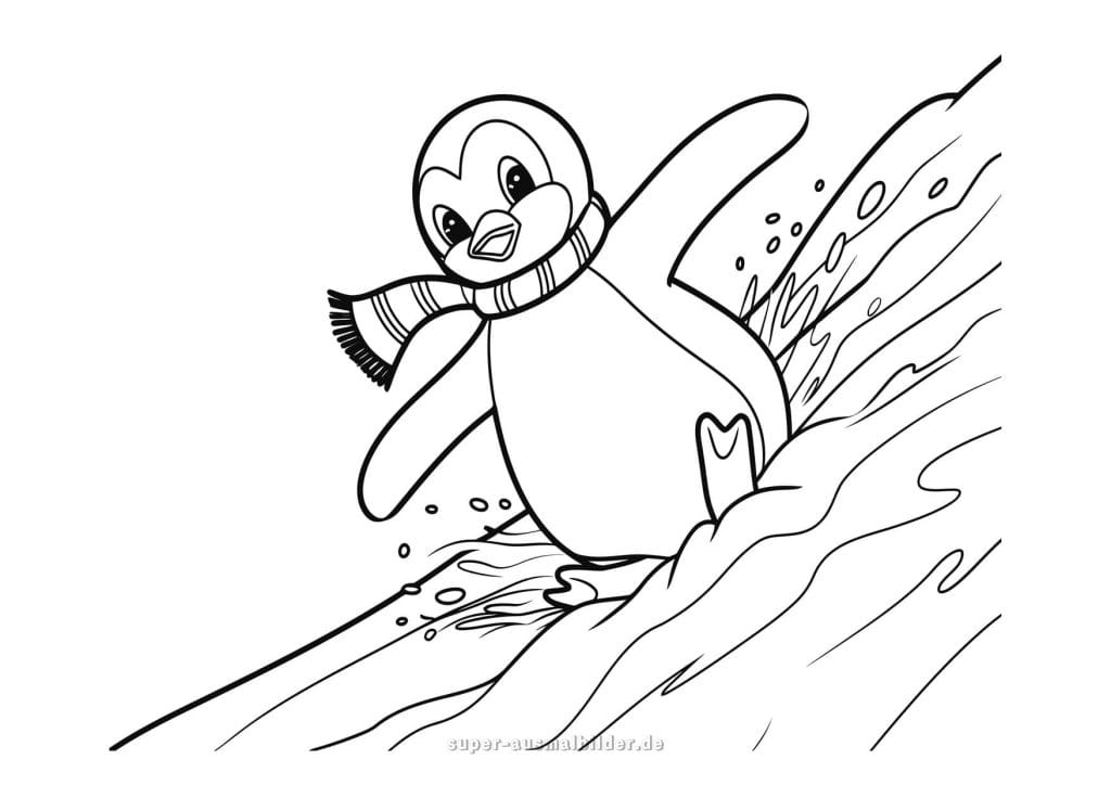 Pinguin rutscht auf Eis – lustige Winter Ausmalvorlage mit Schal für Kinder zum kostenlosen Ausdrucken