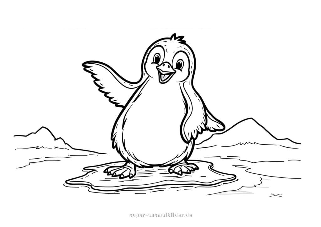 Pinguin winkt auf Eisscholle – süßes Malbild zum kostenlosen Ausdrucken und Ausmalen für Kinder