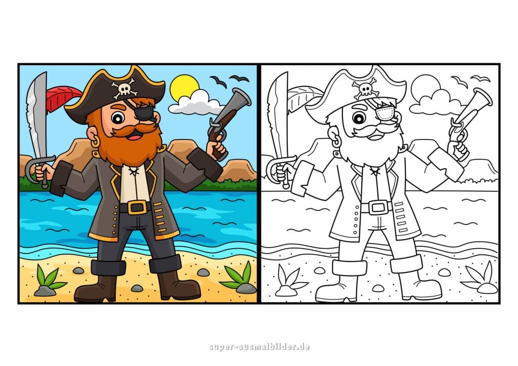 Pirat am Strand – bunter Vergleich mit Schwarz Weiß Vorlage, Ausmalbild mit Schwert und Pistole am Meer, kostenlos drucken