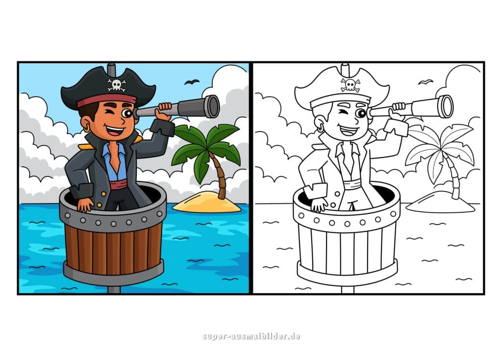 Pirat mit Fernrohr – lustige Malvorlage auf dem Schiff mit Insel und Palme im Hintergrund, gratis zum Ausdrucken