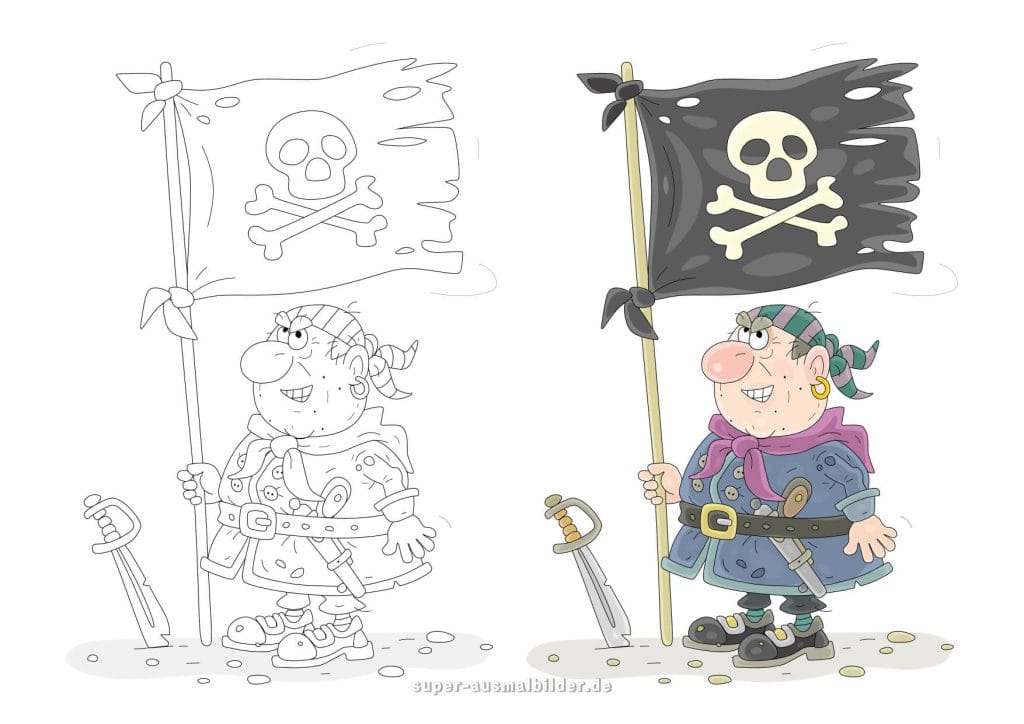 Pirat mit Flagge – lustige Vorlage mit Vergleich von farbiger und Schwarz Weiß Version, perfekt zum Lernen