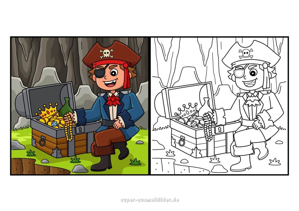 Pirat mit Schatz – fröhliche Ausmalvorlage mit Gold, Edelsteinen und Krone, gratis herunterladen
