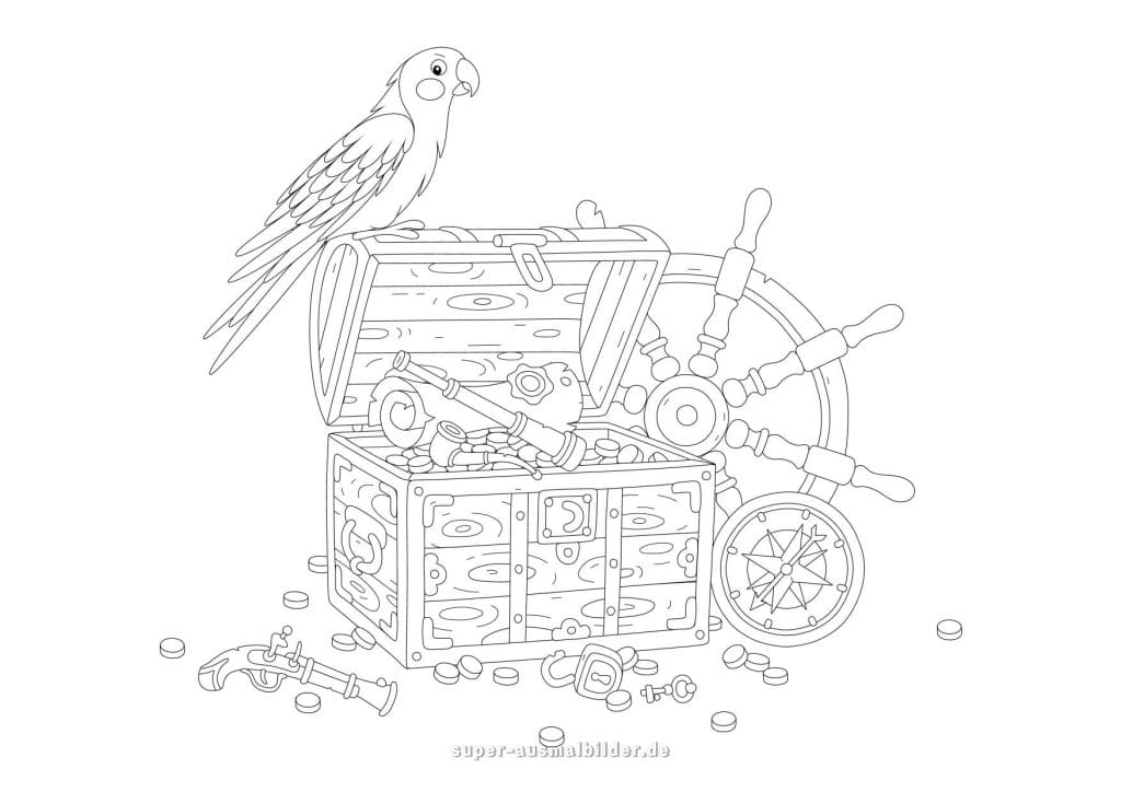 Piraten Schatztruhe – detailliertes Ausmalbild mit Papagei, Münzen und Kompass, kostenlos drucken