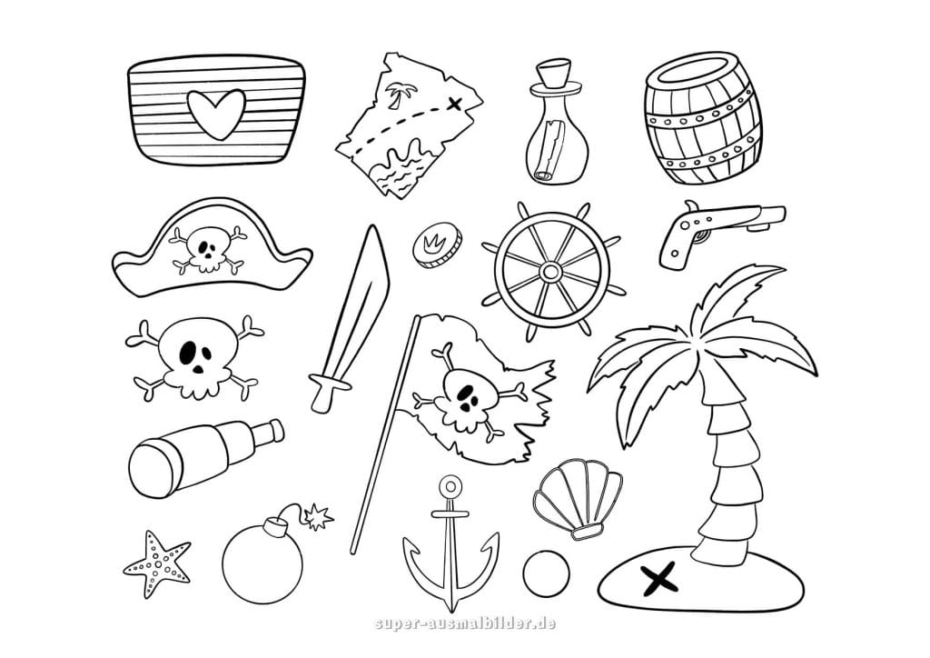 Piraten Symbole – Sammlung von Objekten wie Anker, Schatzkarte, Säbel und Palme, gratis zum Ausdrucken