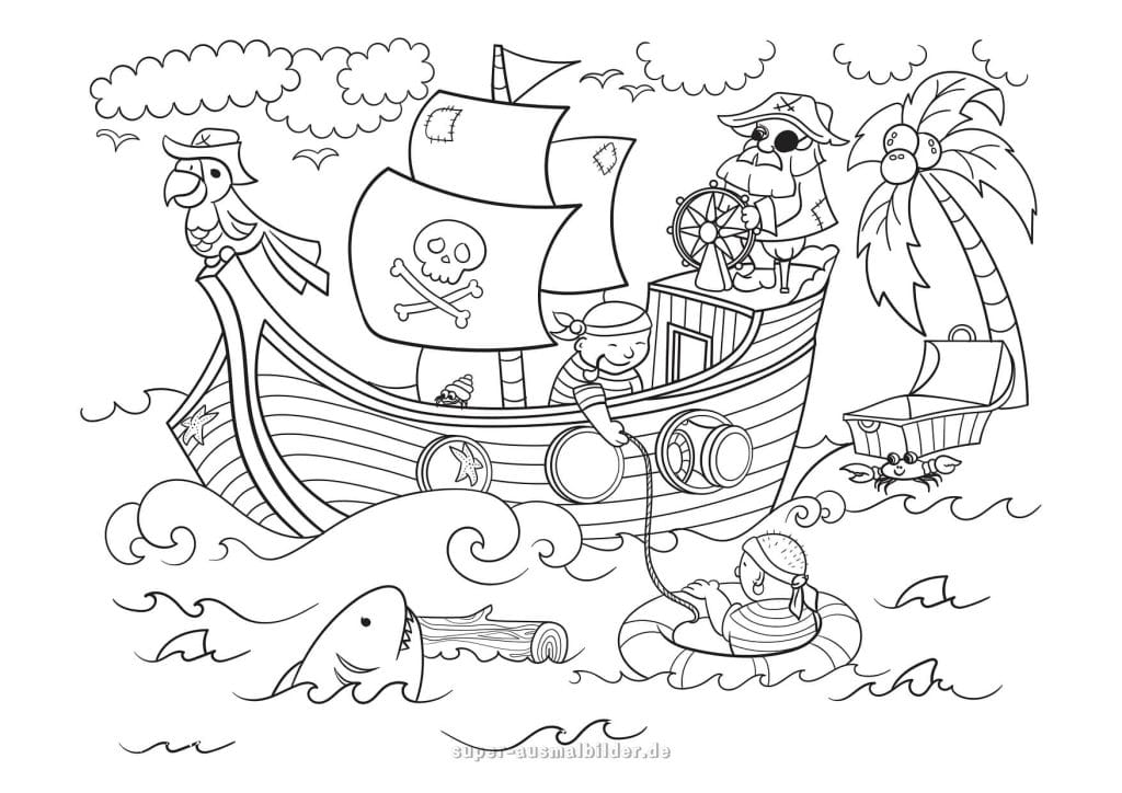 Piraten auf Abenteuer – Malvorlage mit Schiff, Papagei, Hai und Schatzinsel, kostenlos ausdrucken