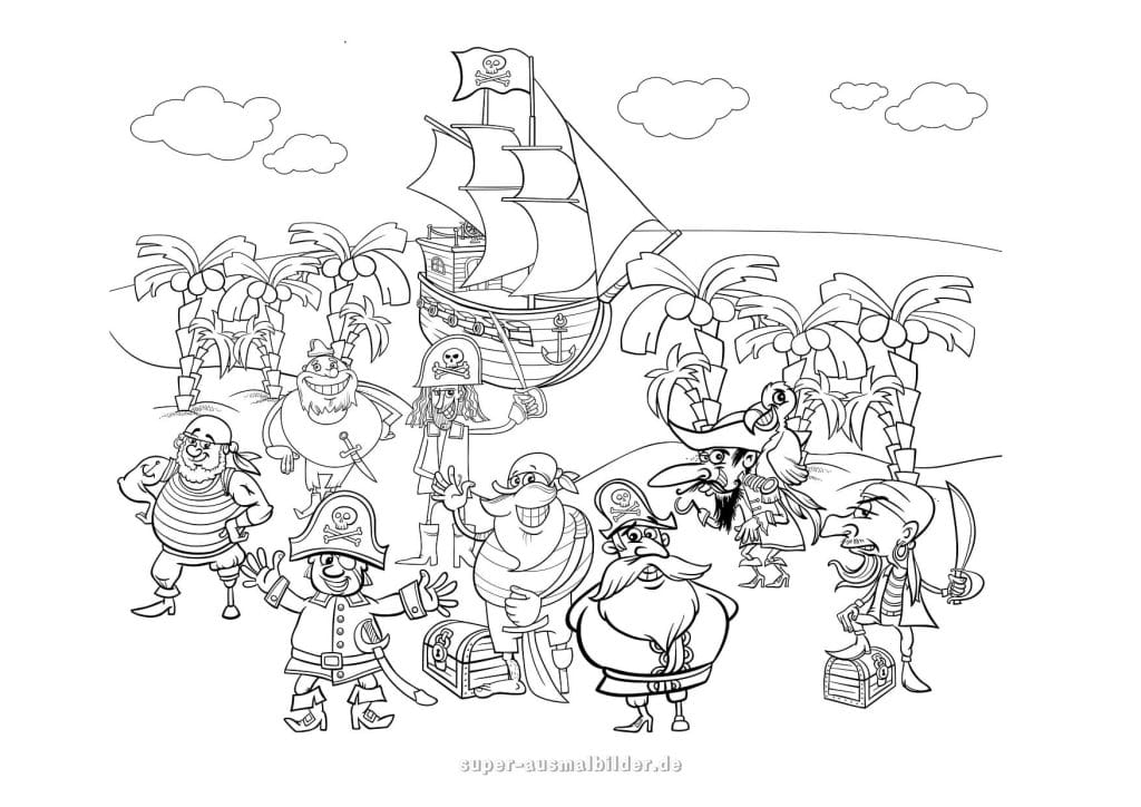 Piratencrew auf Insel – große Ausmalvorlage mit vielen Piraten und Schiff im Hintergrund, kostenlos drucken