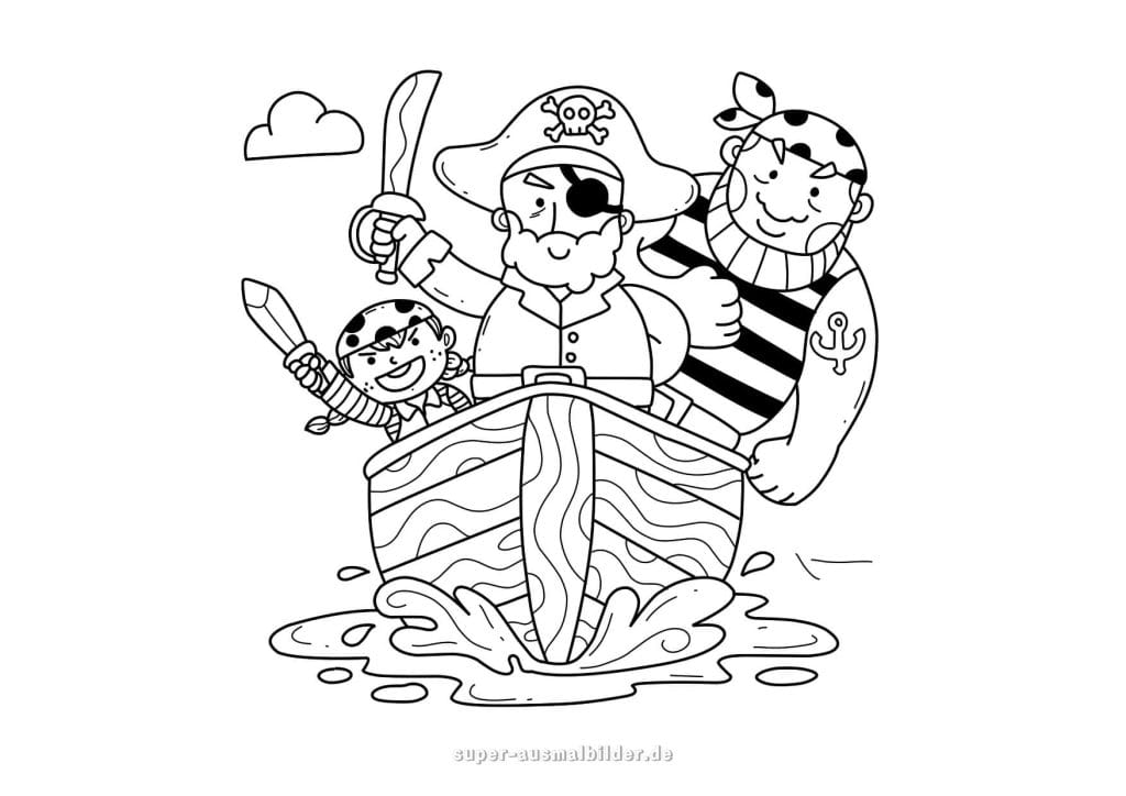 Piratencrew im Boot – lustige Malvorlage mit drei Piraten auf hoher See, kostenlos ausdrucken