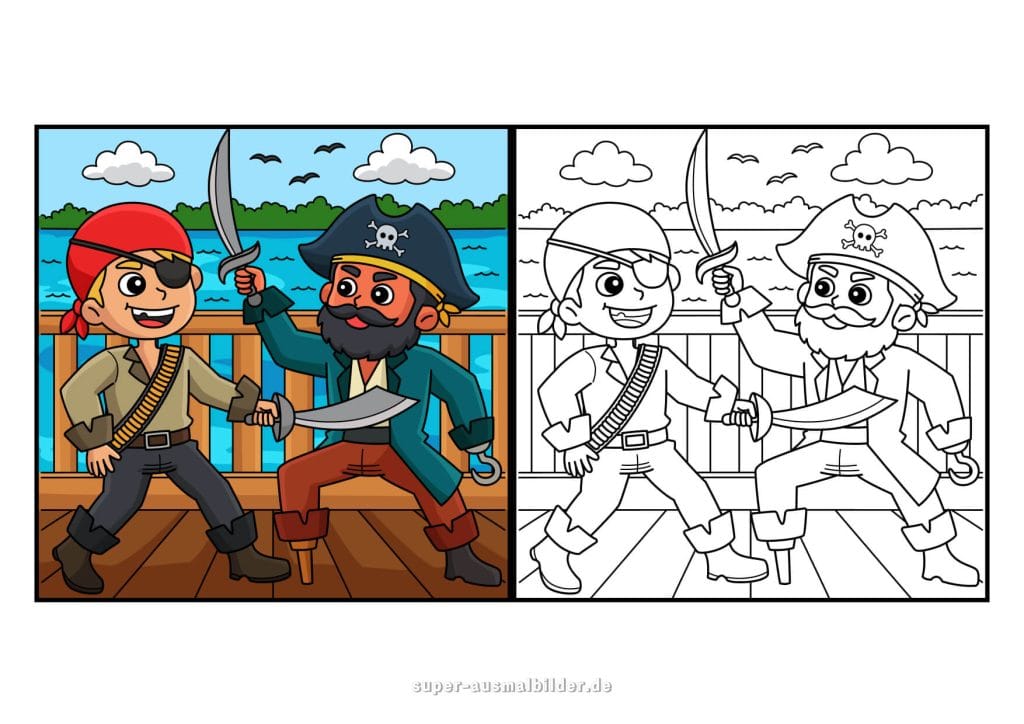 Piratenkampf – Ausmalbild mit zwei kämpfenden Piraten auf Schiff, Vorlage zum Ausmalen und Lernen