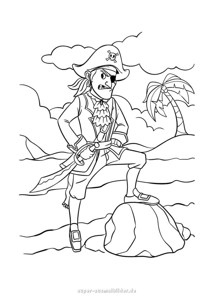 Piratenkapitän – mutiger Pirat mit Augenklappe und Schwert auf der Schatzinsel, kostenlos drucken
