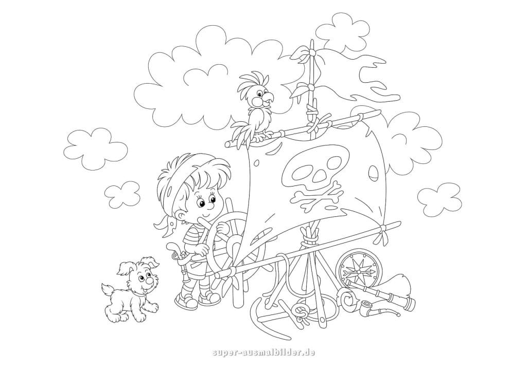 Piratenkind mit Hund – süße Ausmalvorlage mit Papagei und Segelboot, ideal für kleine Kinder