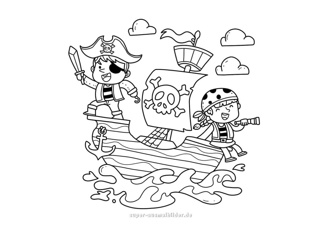 Piratenkinder auf Schiff – fröhliche Ausmalvorlage mit Fahne und Wellen, ideal zum Ausmalen und Lernen