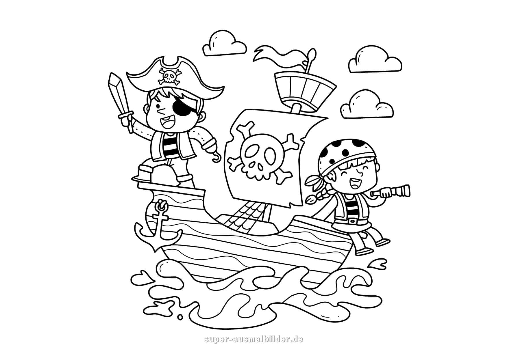 Piratenkinder auf Schiff – fröhliche Ausmalvorlage mit Fahne und Wellen, ideal zum Ausmalen und Lernen