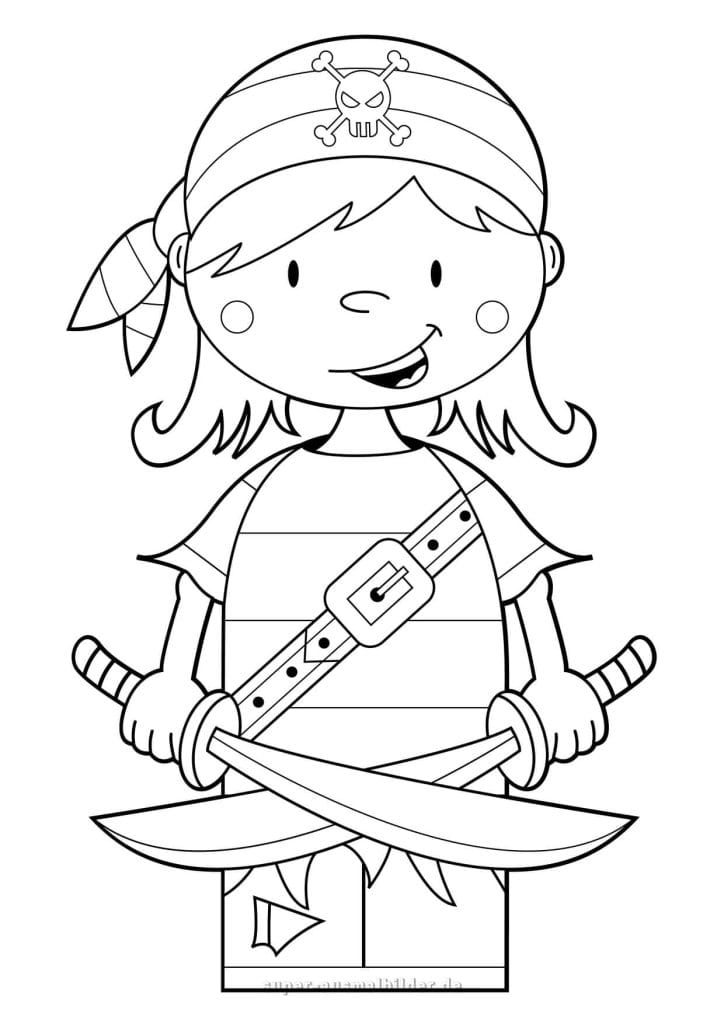 Piratenmädchen – fröhliche Malvorlage mit Kopftuch und Säbeln, ideal für kleine Entdecker
