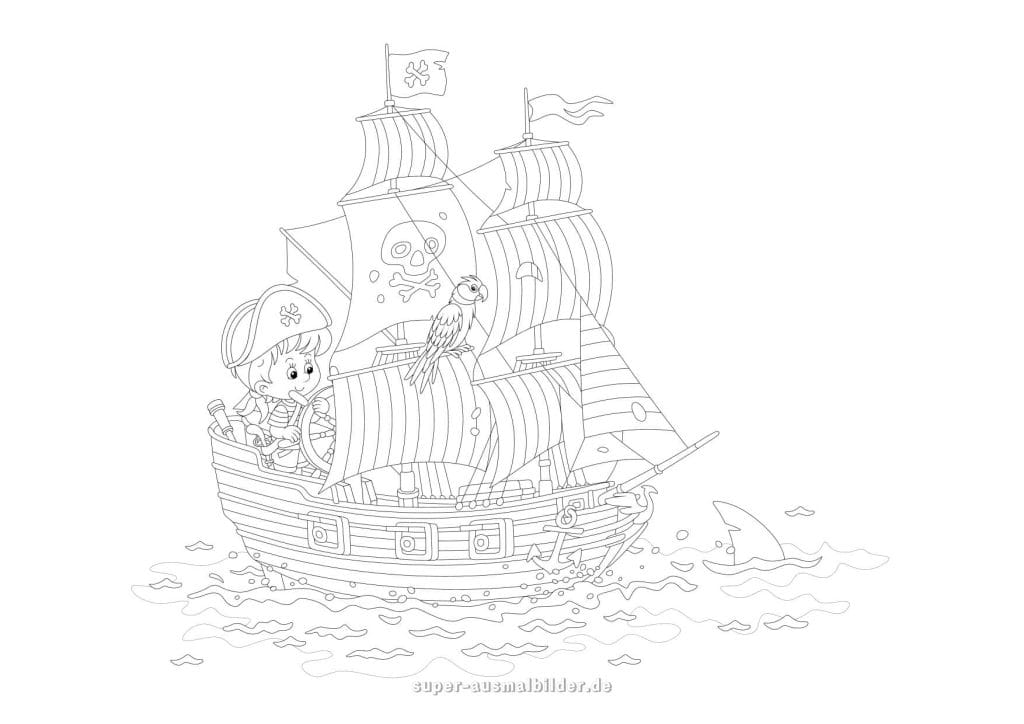 Piratenschiff mit Kind – wunderschöne Ausmalvorlage mit Papagei und Hai, ideal zum Ausdrucken
