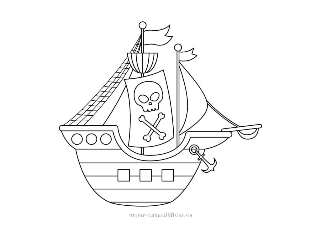 Piratenschiff zum Ausmalen – klassisches Schiff mit Totenkopfsegel und Anker, perfekt für Kinder zum Ausdrucken