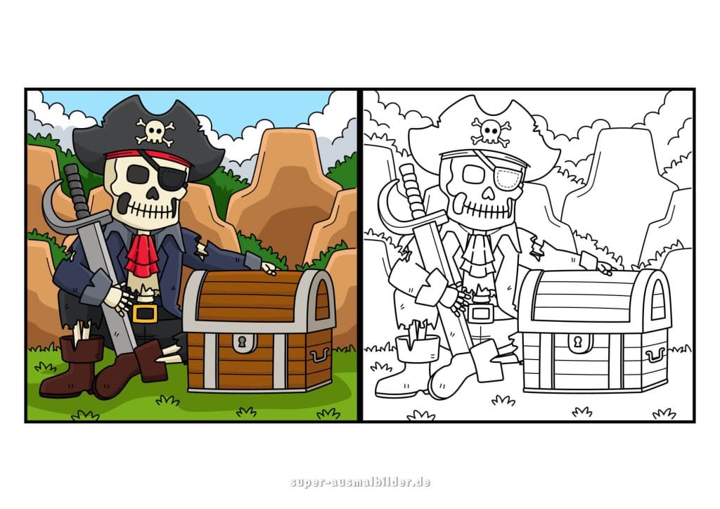 Piratenskelett mit Truhe – Malvorlage mit Vergleichsseite in Farbe und Kontur, kostenlos ausdrucken