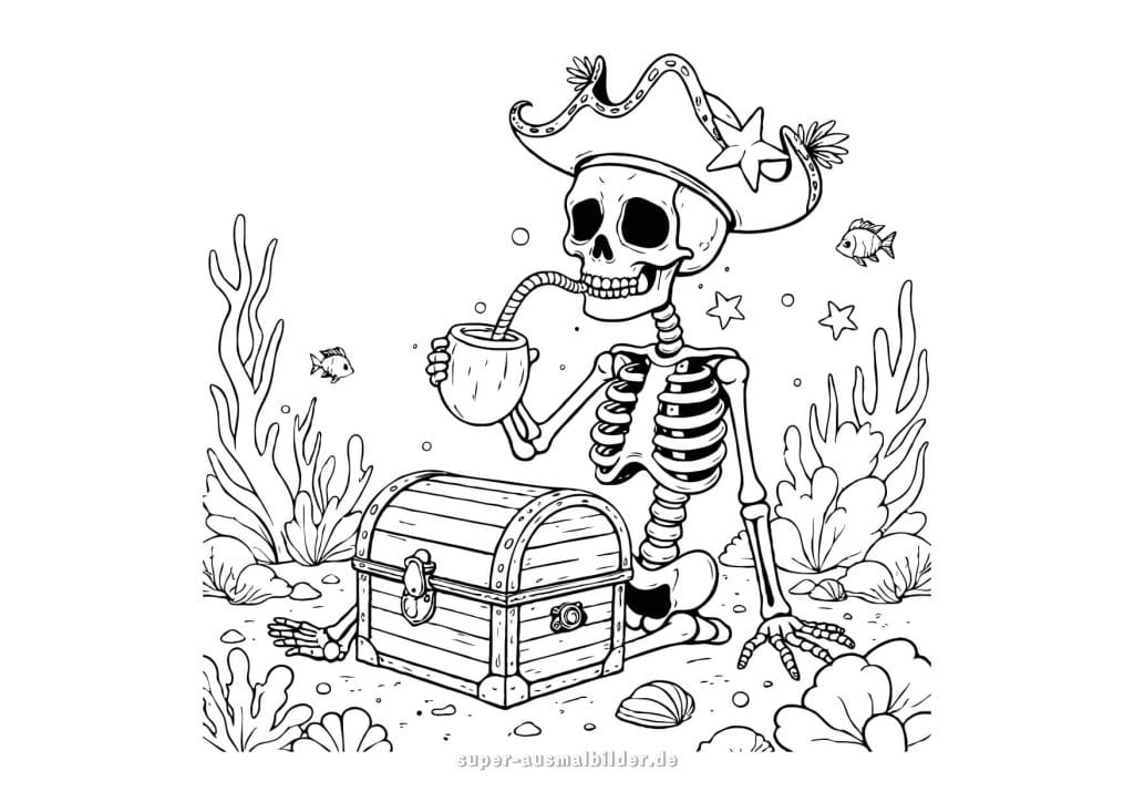 Piratenskelett – originelles Ausmalbild mit Schatztruhe unter Wasser, ideal für ältere Kinder