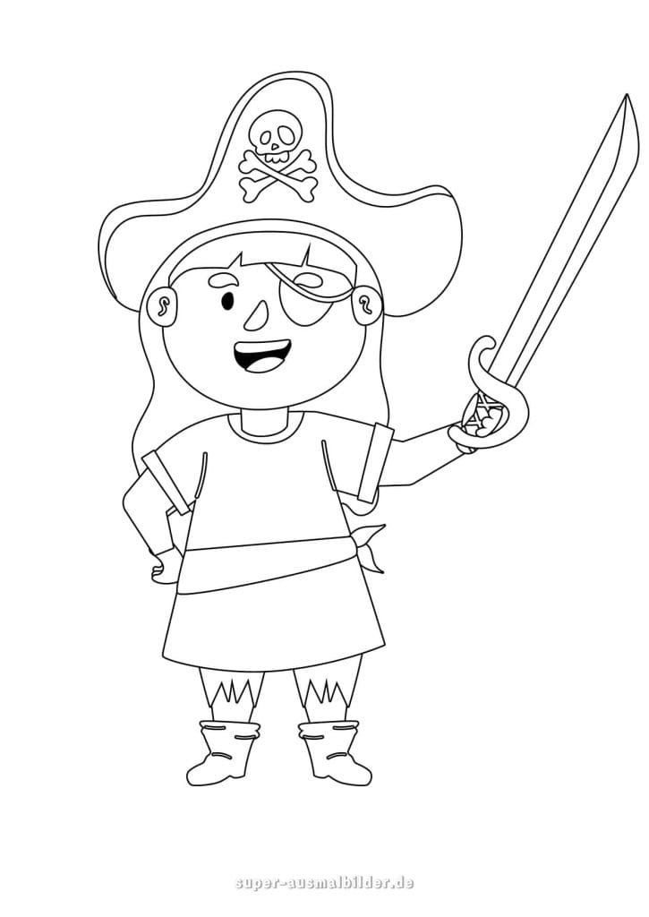 Piratin mit Schwert – fröhliche Ausmalvorlage mit Piratenhut und Augenklappe, gratis drucken