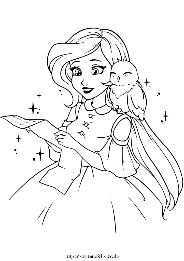 Prinzessin mit Eule Malvorlage Mädchen liest Brief mit Vogel, kostenlose Ausmalbilder für Kinder