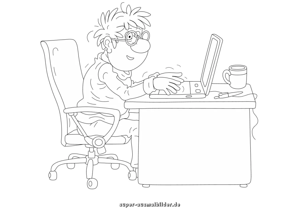 Programmierer Malvorlage Mann am Laptop im Büro, kostenlose Ausmalbilder für Technik Fans