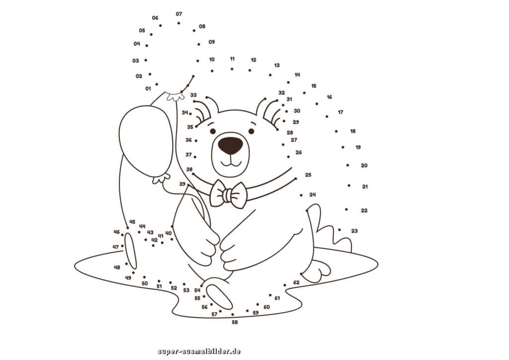 Punkte verbinden Bär mit Luftballons kostenlose Druckvorlage für Kinder zum Verbinden der Zahlen und Ausmalen