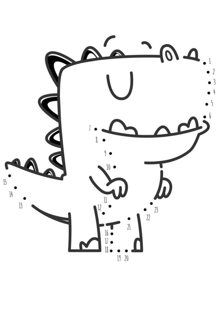 Punkte verbinden Dino lustiges Lernbild zum Zahlen verbinden und Ausmalen, kostenlos drucken für kleine Entdecker