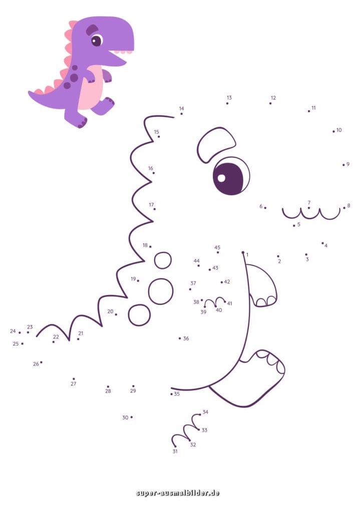 Punkte verbinden Dino – niedliche Punktebild Vorlage zum Ausmalen und Lernen