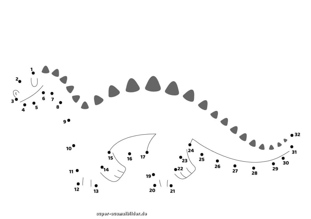 Punkte verbinden Dinosaurier lustige Malvorlage zum Zählen und Ausmalen für Kinder im Kindergarten oder Zuhause, kostenlos herunterladen und drucken