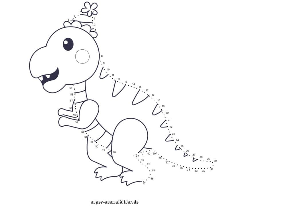 Punkte verbinden Dinosaurier mit Partyhut lustige Malvorlage zum Zählen und Ausmalen, die Kinder spielerisch begeistert, gratis zum Download