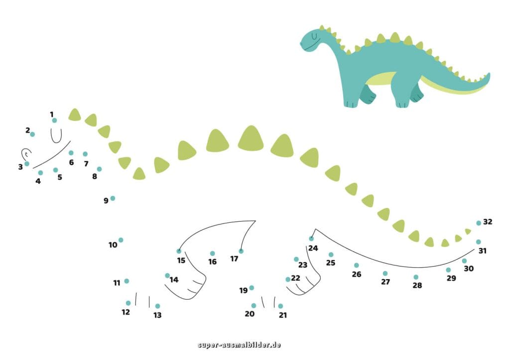Punkte verbinden Dinosaurier – kostenlose Arbeitsblätter für Kinder zum Ausdrucken und Lernen
