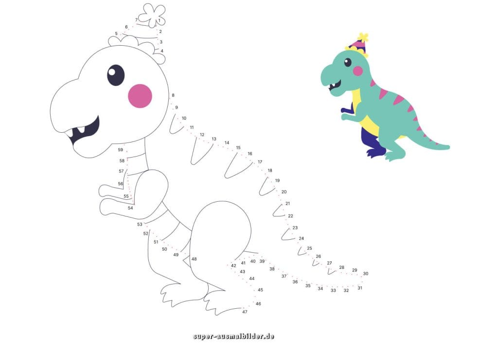 Punkte verbinden Dinosaurier – lustige Übung für Kindergartenkinder mit Zahlen