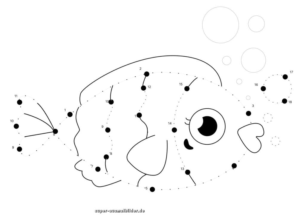 Punkte verbinden Fisch Unterwasser Malvorlage für Kinder zum Verbinden der Zahlen und anschließenden Ausmalen, gratis drucken