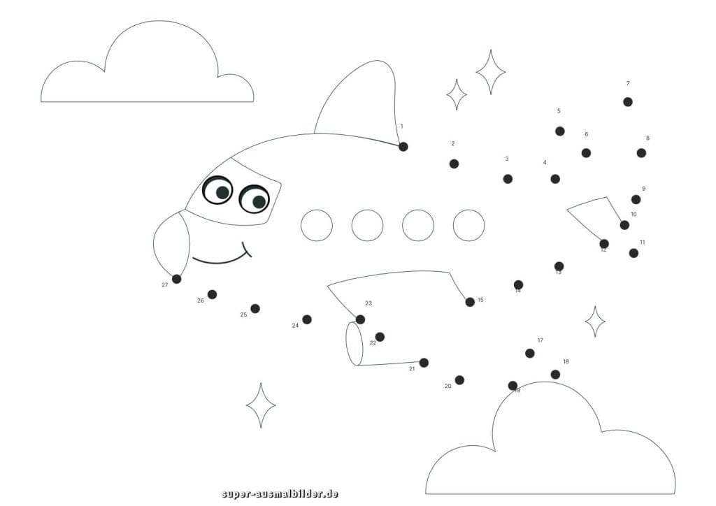Punkte verbinden Flugzeug einfaches Ausmalbild zum Verbinden der Zahlen und Zählen lernen, perfekt für kleine Piloten und Vorschüler