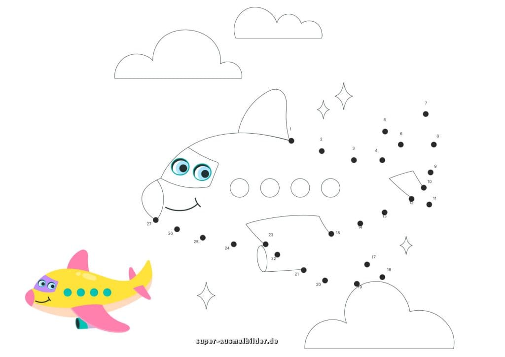 Punkte verbinden Flugzeug – einfache Zählübung für Kinder zum Ausdrucken und Malen